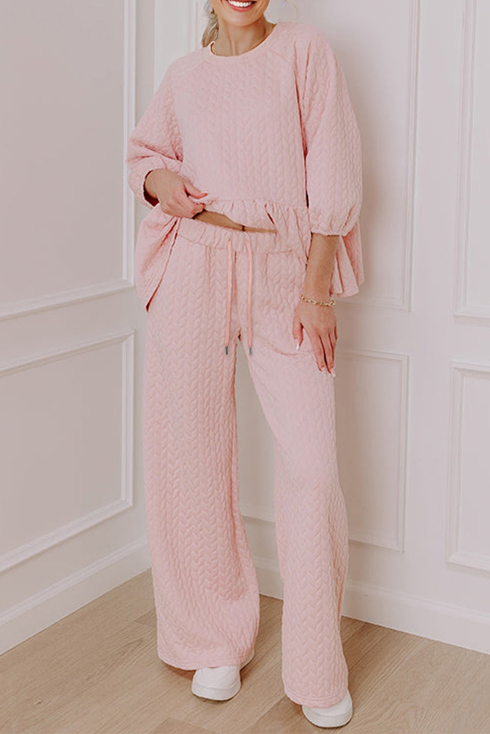 Delicacy Braided Texture Ruffle Hem Top Drawstring Loose Pants Set