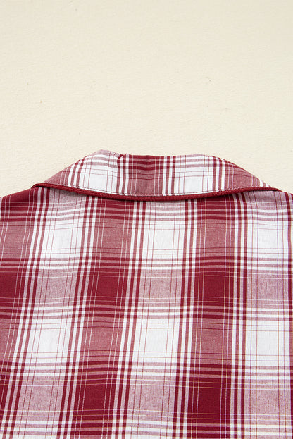 Red Retro Plaid Long Sleeve Shirt Drawstring Shorts 2pcs Lounge Set