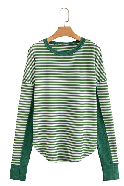 Black Stripe Patchwork Drop Shoulder Round Neck Top