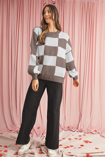 Dark Brown Plaid Bishop Sleeve Pullover Sweater
