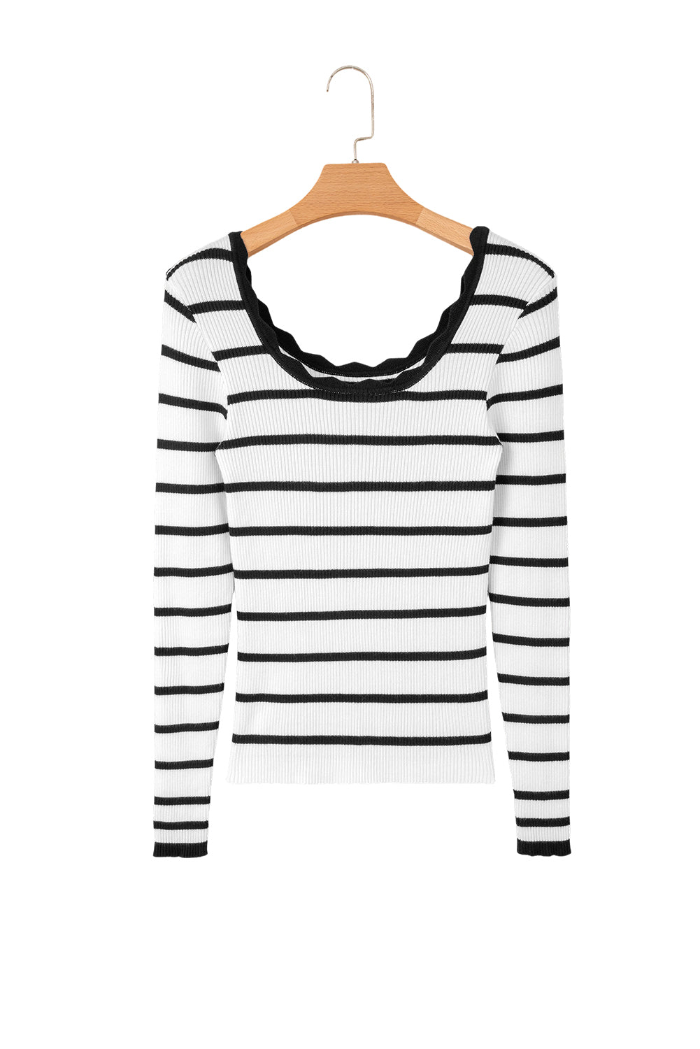 Black White Scalloped Edge Neck Striped Long Sleeve Sweater
