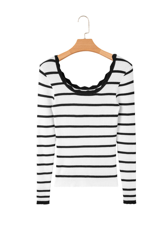 Black White Scalloped Edge Neck Striped Long Sleeve Sweater