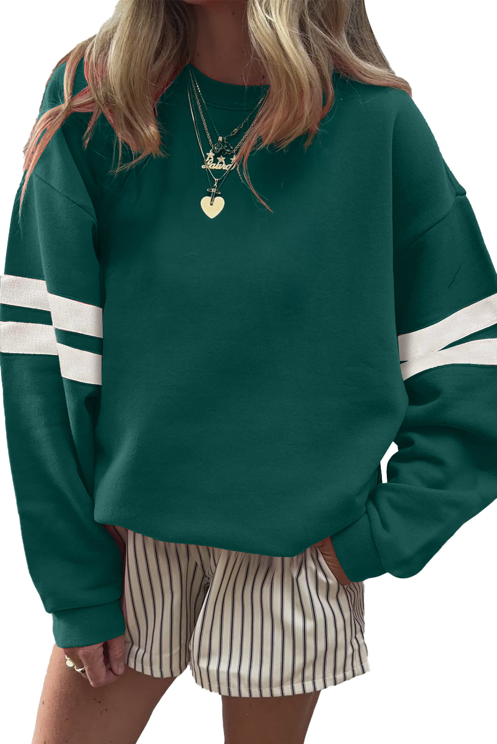 Coffee Preppy Striped Sleeve Loose Sweatshirt
