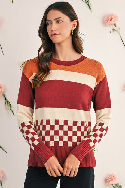 Brown Checkered Colorblock Knitted Drop Shoulder Sweater