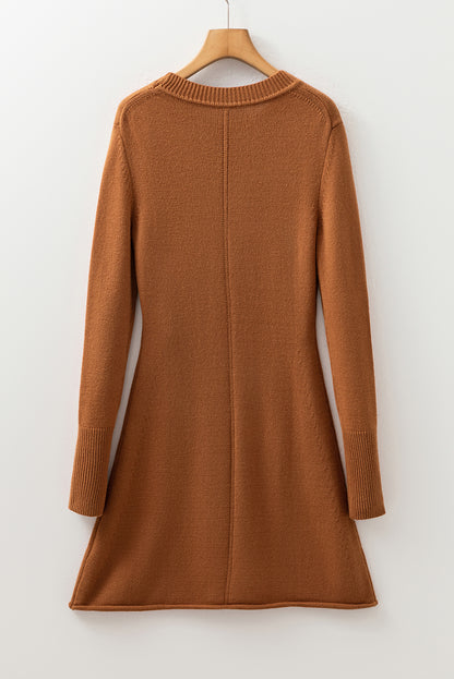 Straw Yellow Ribbed Detail Solid Color Mini Sweater Dress