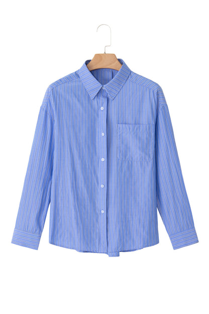 Blue Stripe Button Up Oversized Casual Shirt Shacket