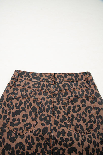 Brown Leopard Frayed Split Denim Midi Skirt