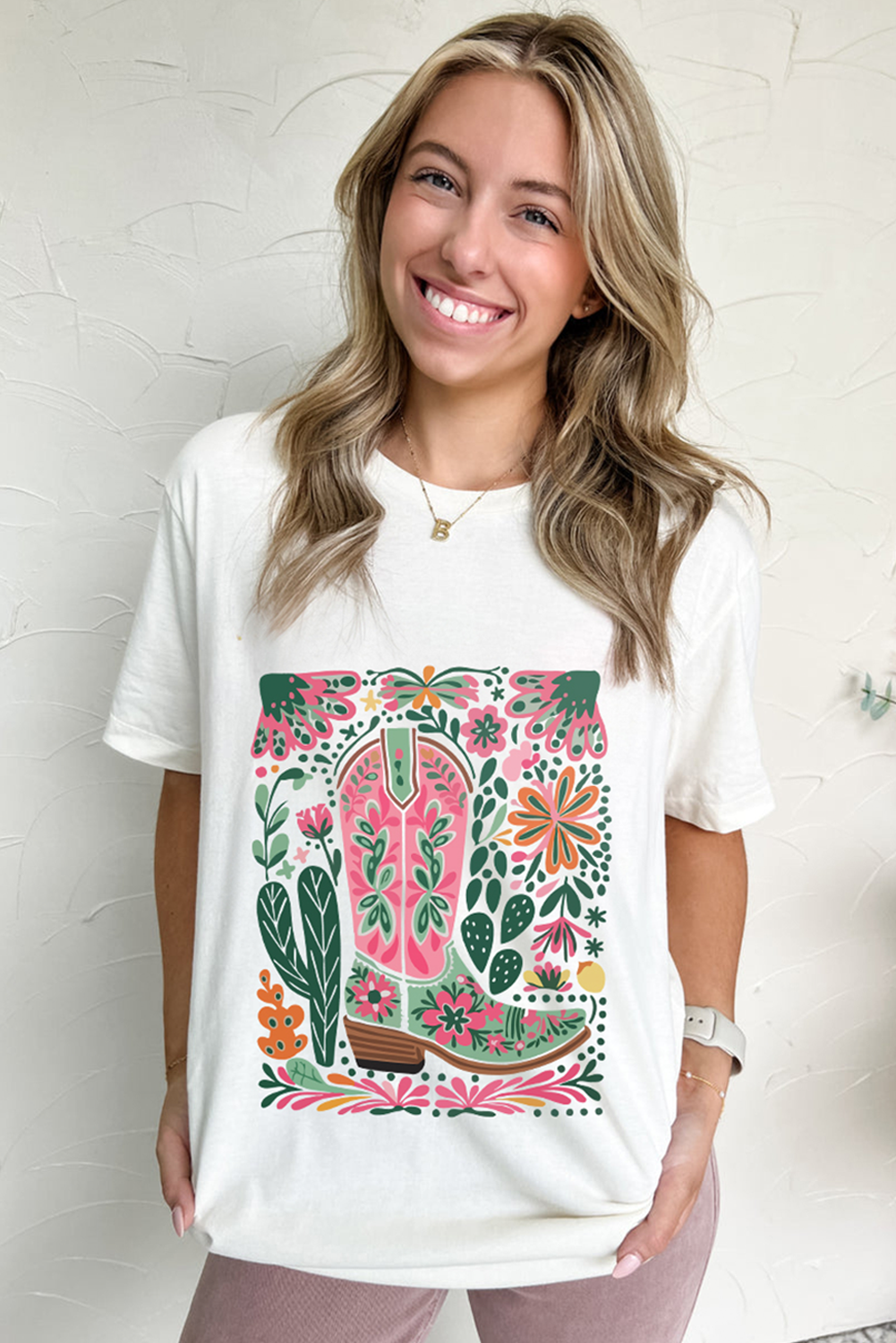 White Boots Flower Heat Transfer Printing Crew Neck Graphic Loose Tee