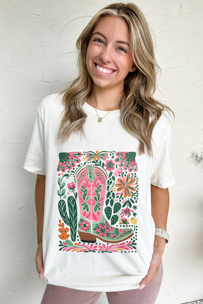 White Boots Flower Heat Transfer Printing Crew Neck Graphic Loose Tee