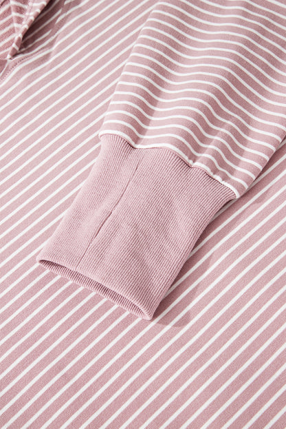 Rose Stripe Thumbhole Side Slits Drop Shoulder Loose Fit Hoodie