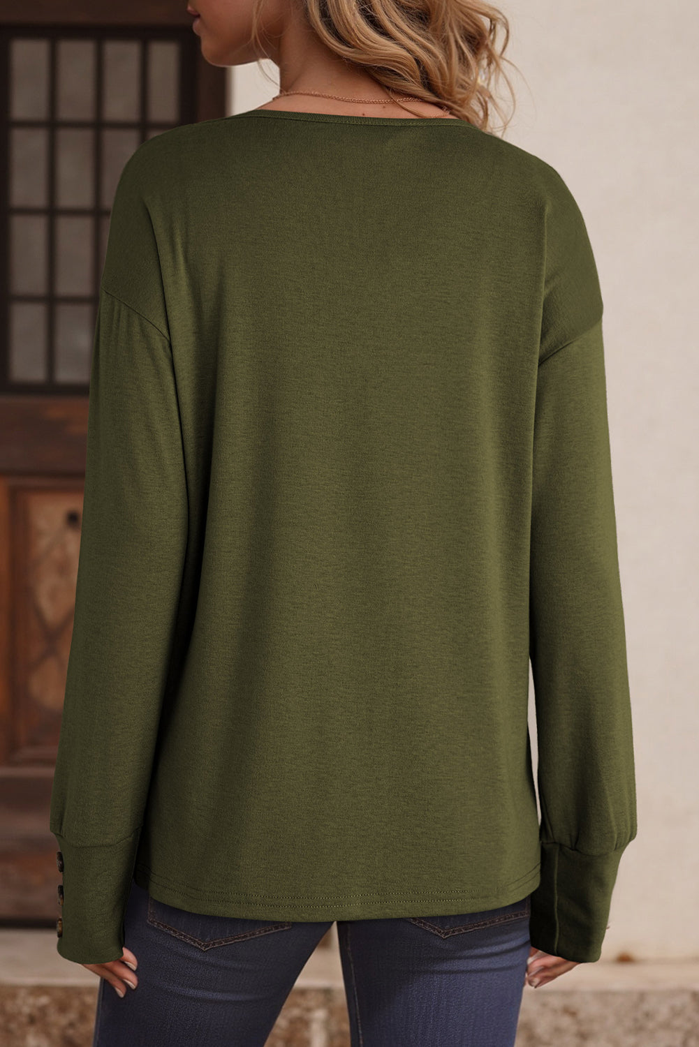 Four Leaf Clover Buttoned Cuffs Drop Shoulder Long Sleeve V Neck Solid Top