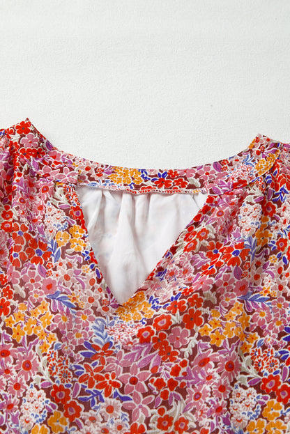 Red Boho Floral Print V Neck Long Sleeve Blouse