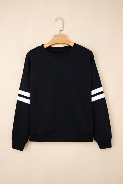 Coffee Preppy Striped Sleeve Loose Sweatshirt