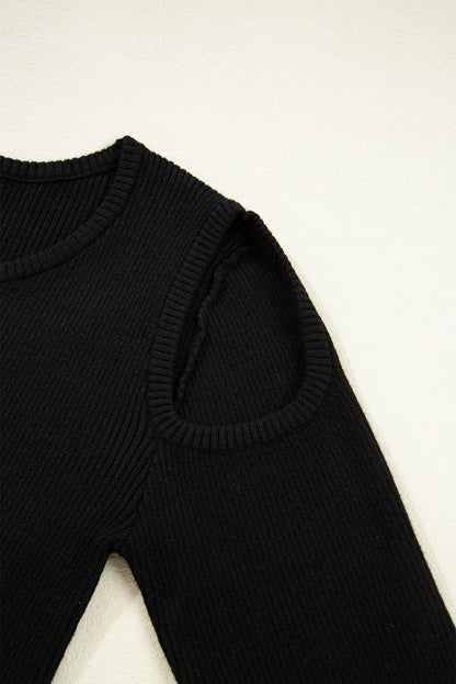 Black Ribbed Knit Cold Shoulder Plain Sweater