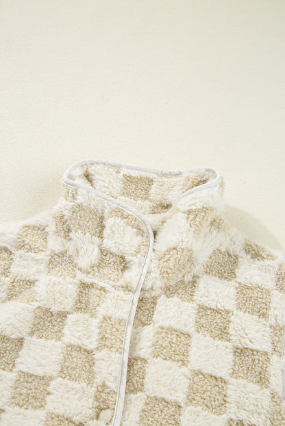 Khaki Sherpa Checkerboard Snap Button Vest Jacket