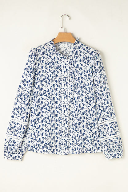 Yellow Printed Floral Print Lace Detail Puff Sleeve Shirt