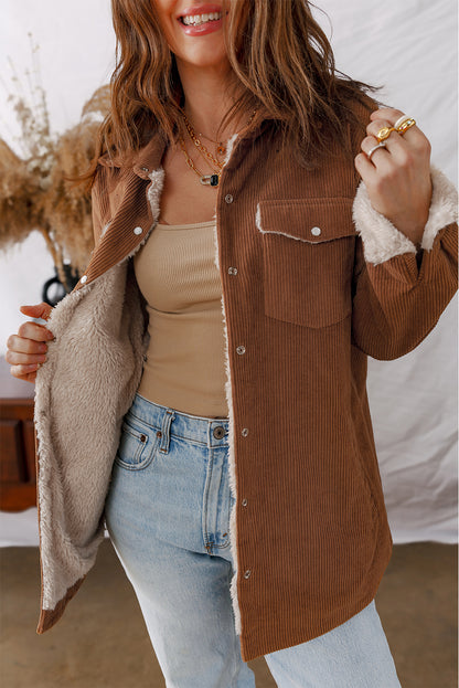 Cinnamon Fleece Lined Buttoned Flap Pockets Corduroy Jacket