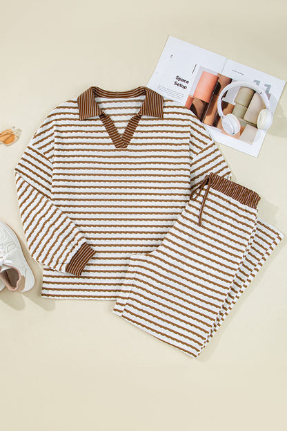 White Stripe Textured Collared Pullover Top and Drawstring Pants Set
