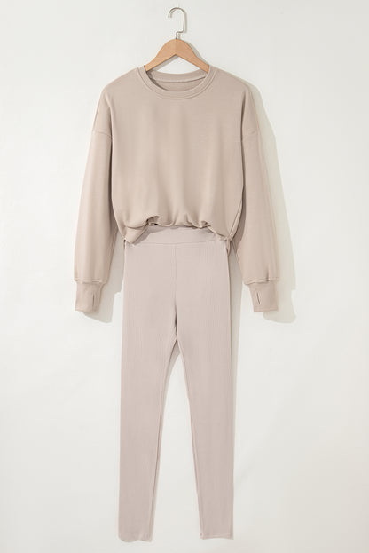 Jet Stream Solid Color Oversize Slit Sweatshirt Ribbed Leggings Set