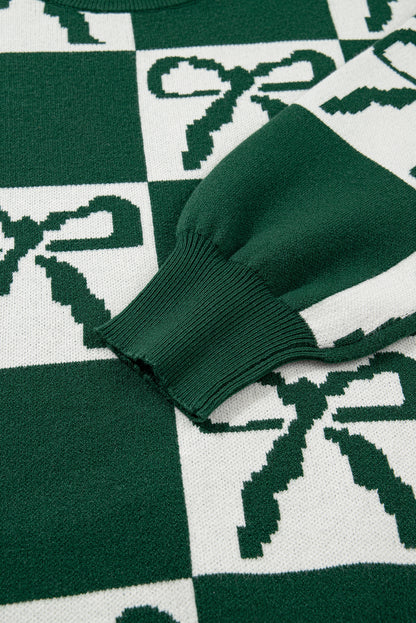 Blackish Green Bow Print Checkered Knit Sweater