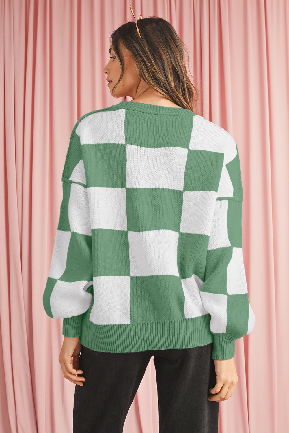Dark Brown Plaid Bishop Sleeve Pullover Sweater
