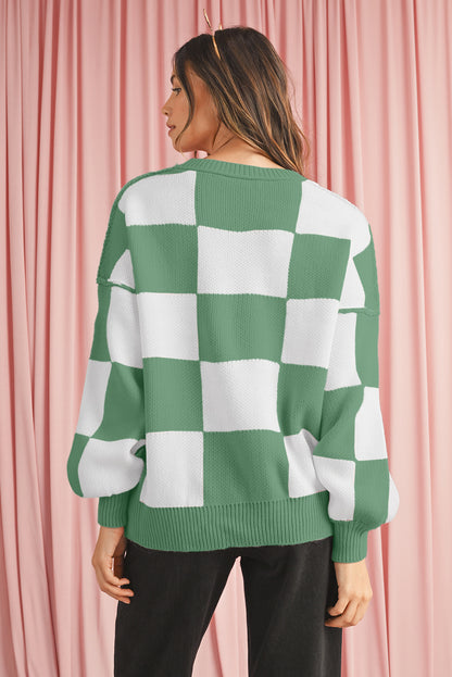 Dark Brown Plaid Bishop Sleeve Pullover Sweater