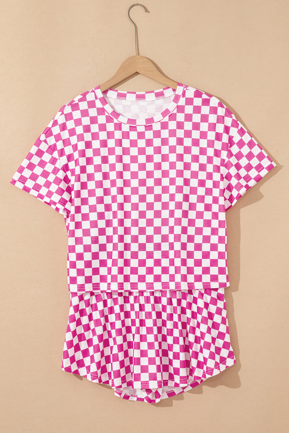 Brown Checkerboard T Shirt and High Waist Skort Set