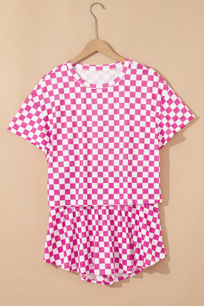 Brown Checkerboard T Shirt and High Waist Skort Set
