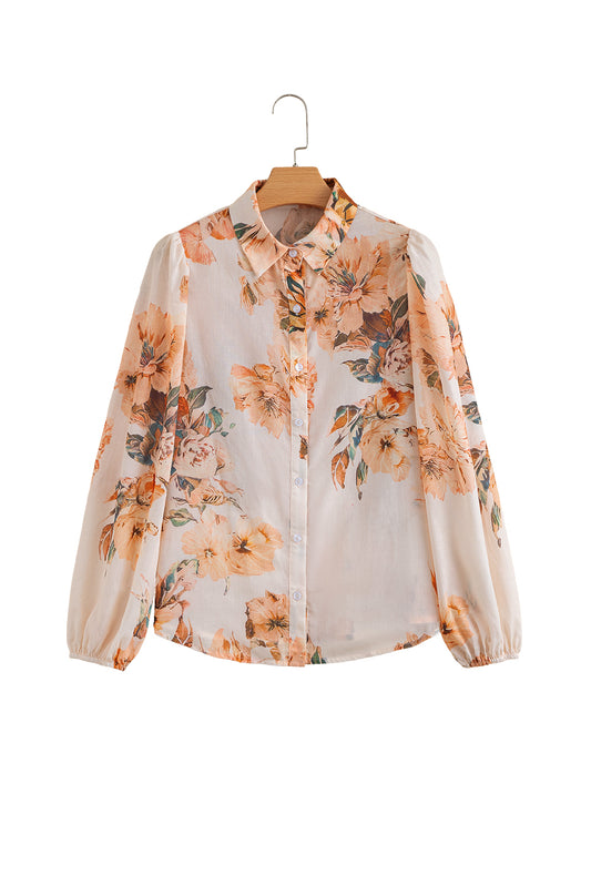 Orange Floral Puff Sleeve Lightweight Shirt