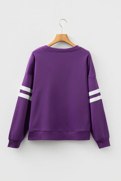 Coffee Preppy Striped Sleeve Loose Sweatshirt