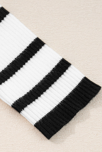 Black White Scalloped Edge Neck Striped Long Sleeve Sweater