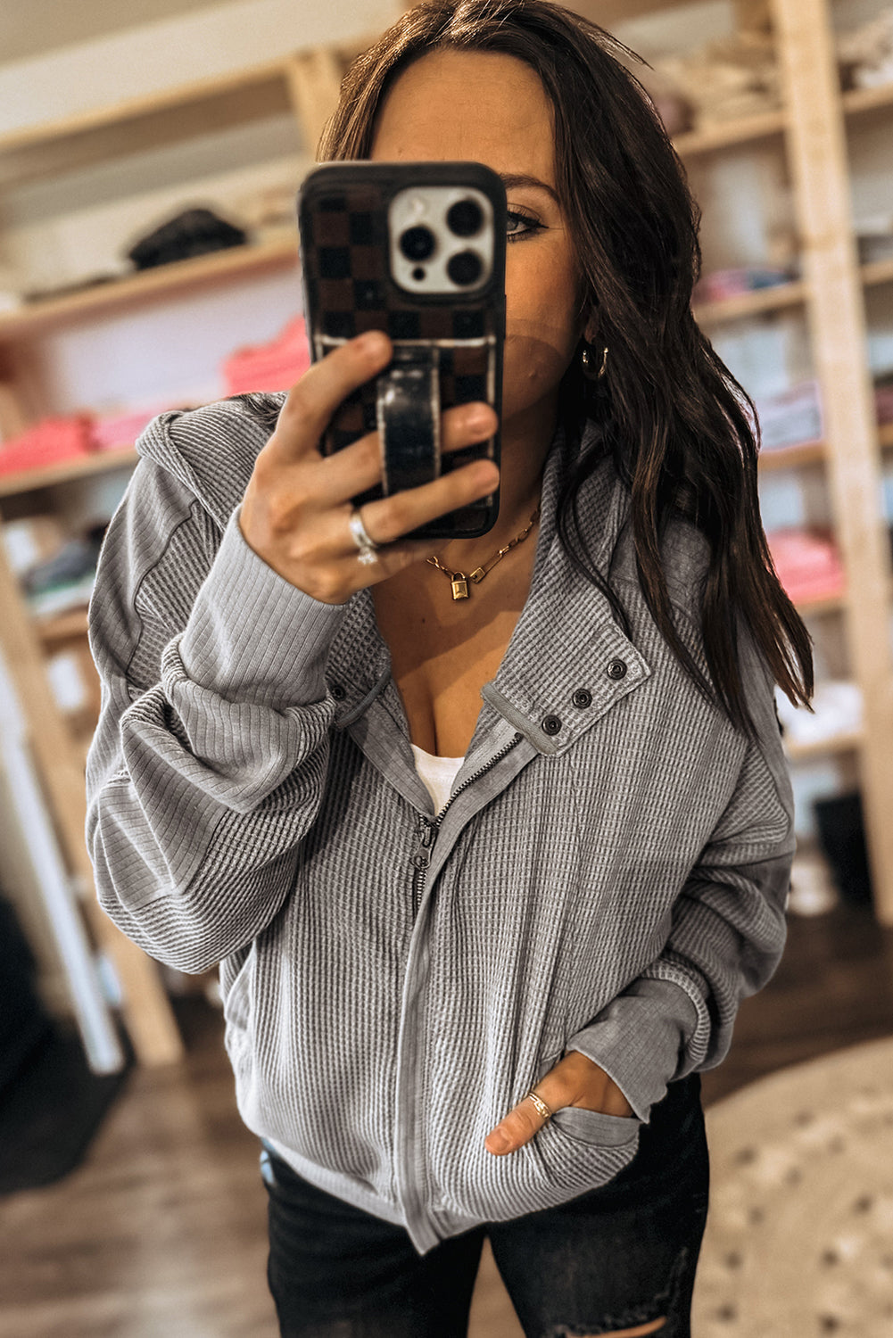 Gray Waffle Splicing Zip Up Front Button Hooded Jacket