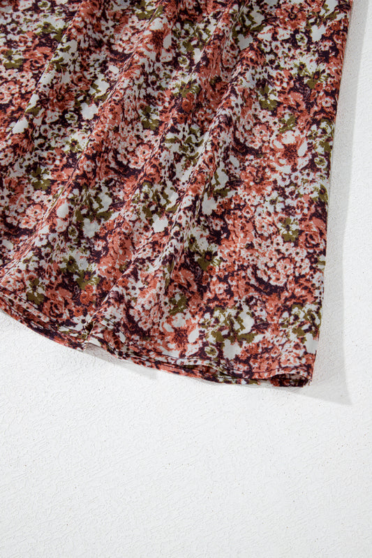 Brown Floral Print Frill V Neck Split Midi Dress