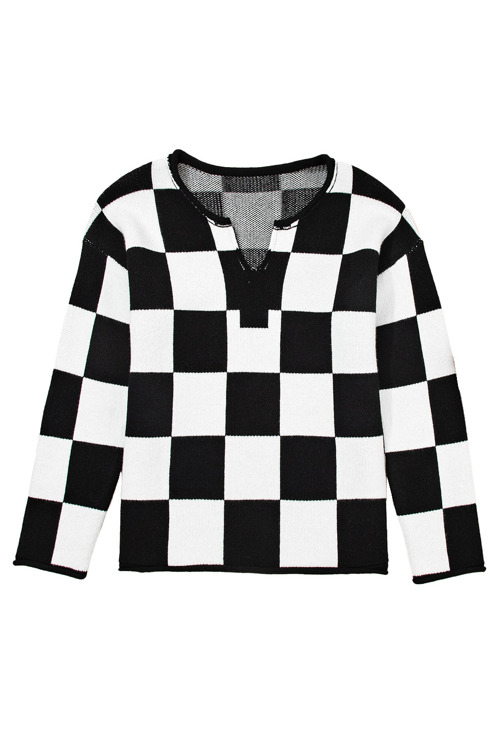 Green Checked Notched Neckline Drop Shoulder Knit Sweater