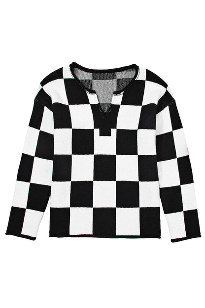 Green Checked Notched Neckline Drop Shoulder Knit Sweater