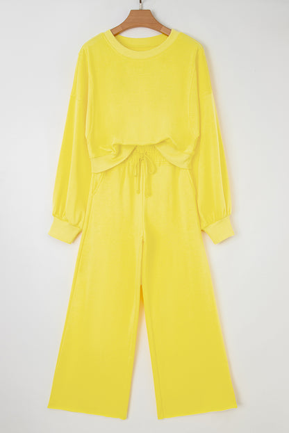Yellow Cream Drop Shoulder Crop Pullover Drawstring Wide Leg Pants Set