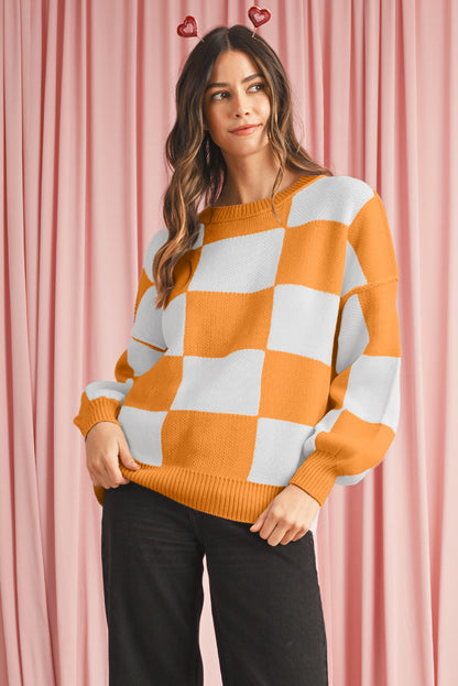 Dark Brown Plaid Bishop Sleeve Pullover Sweater