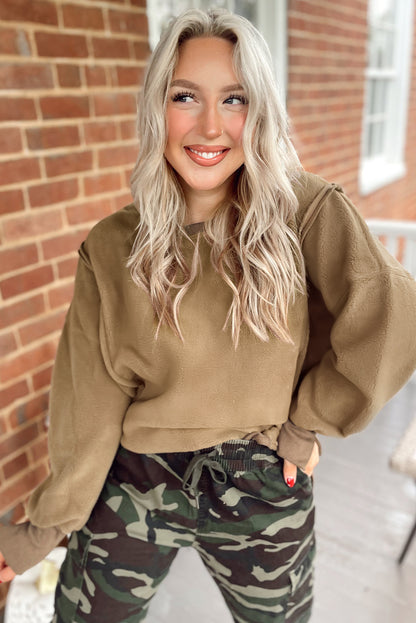 Dark Khaki Fuzzy Sherpa Splicing Pullover Sweatshirt