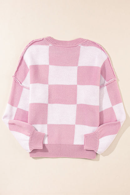 Dark Brown Plaid Bishop Sleeve Pullover Sweater