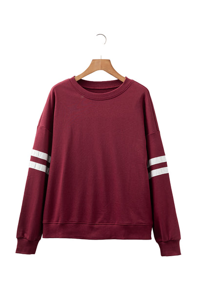 Coffee Preppy Striped Sleeve Loose Sweatshirt