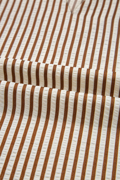 Straw Yellow Striped Frill V Neck Knot Bracelet Sleeve Blouse