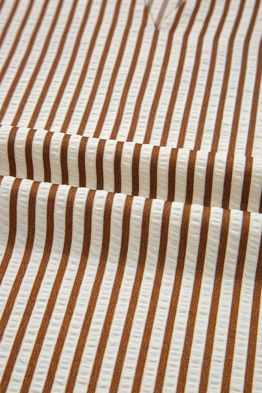Straw Yellow Striped Frill V Neck Knot Bracelet Sleeve Blouse
