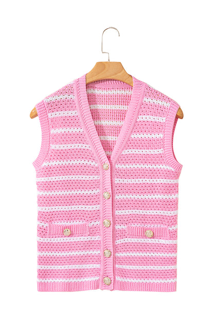 Black Striped V Neck Button Knit Vest