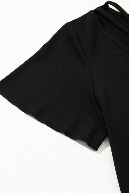 Black Crisscross V Neck Flutter Sleeve T Shirt