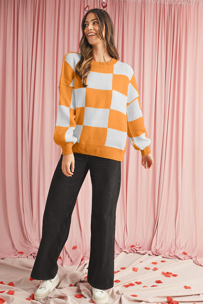 Dark Brown Plaid Bishop Sleeve Pullover Sweater
