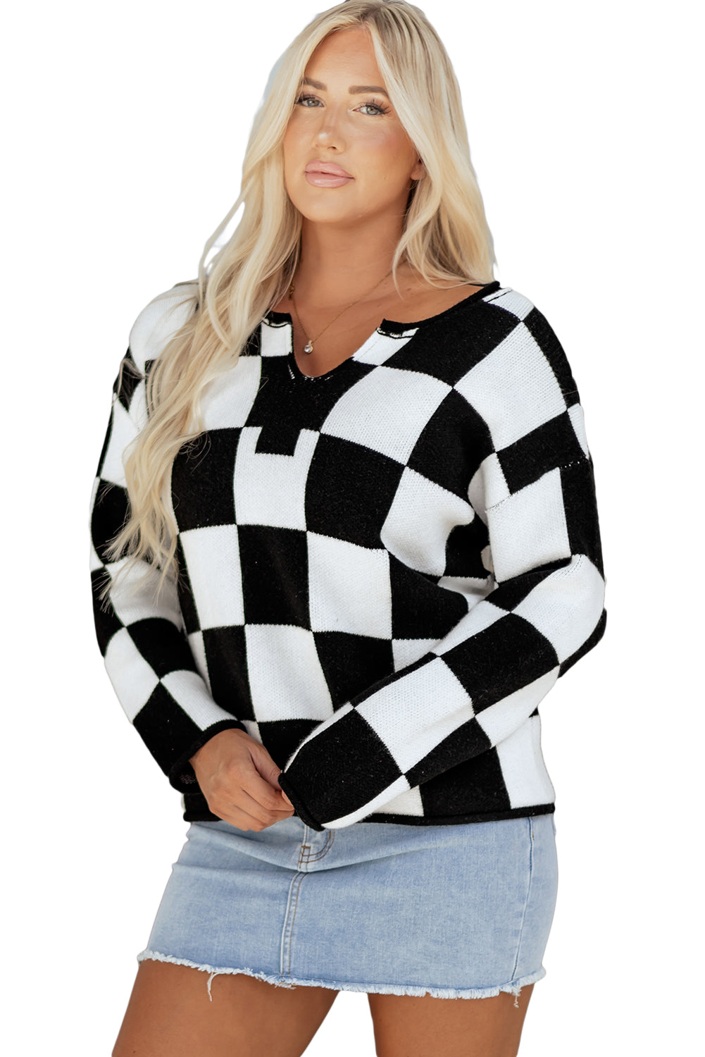 Green Checked Notched Neckline Drop Shoulder Knit Sweater