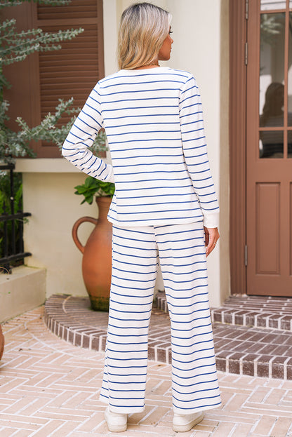 Sail Blue Striped Long Sleeve Pullover and Wide Leg Pants Set