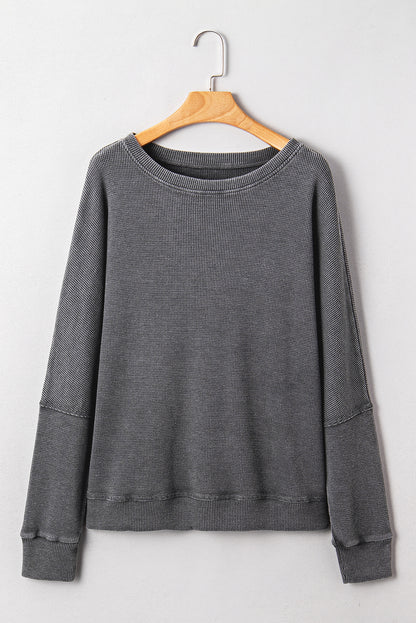 Mist Green Ribbed Plain Long Sleeve Loose Top