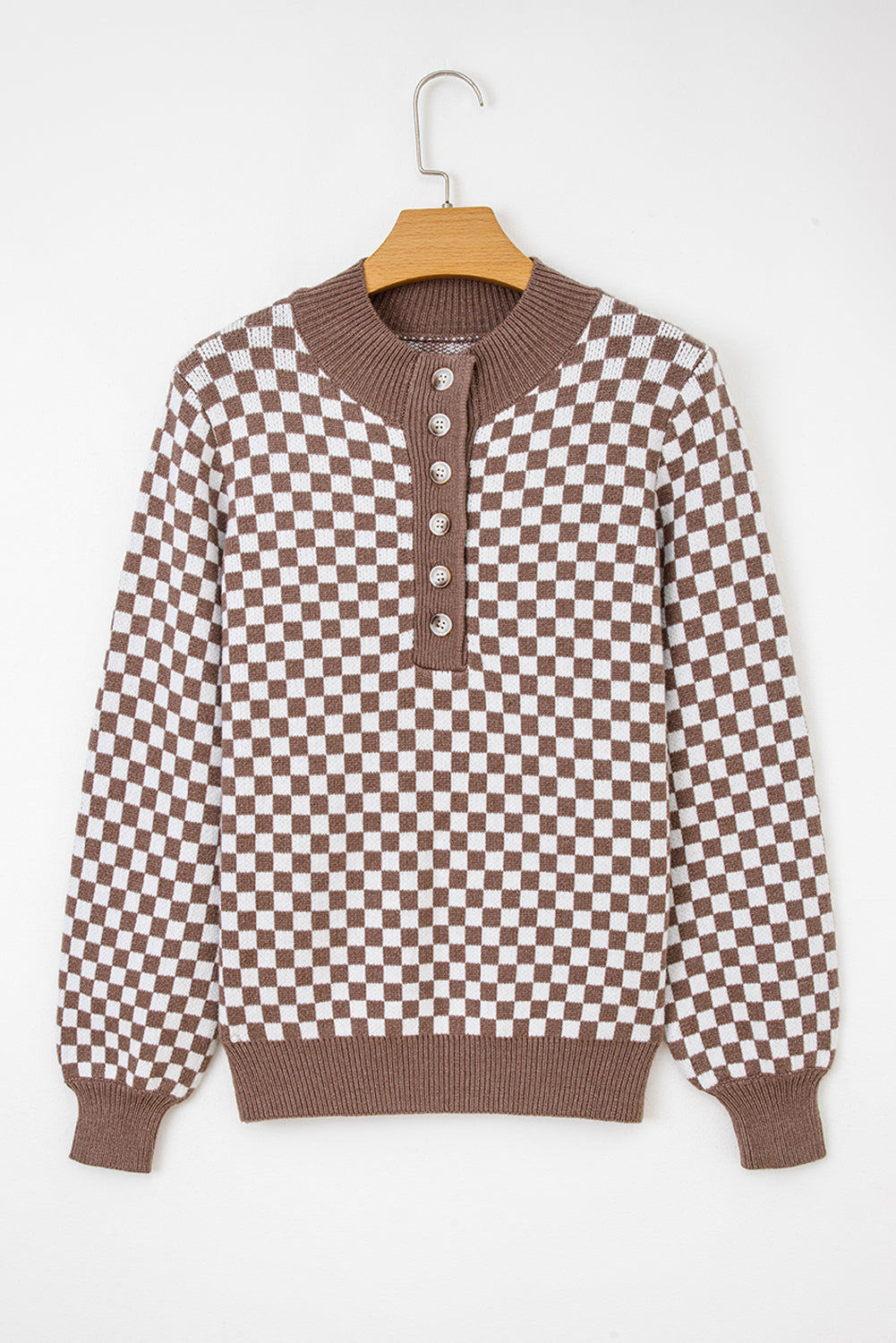 Dark Brown Plaid Contrast Trim Button Neck Sweater