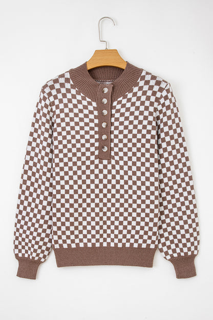 Dark Brown Plaid Contrast Trim Button Neck Sweater